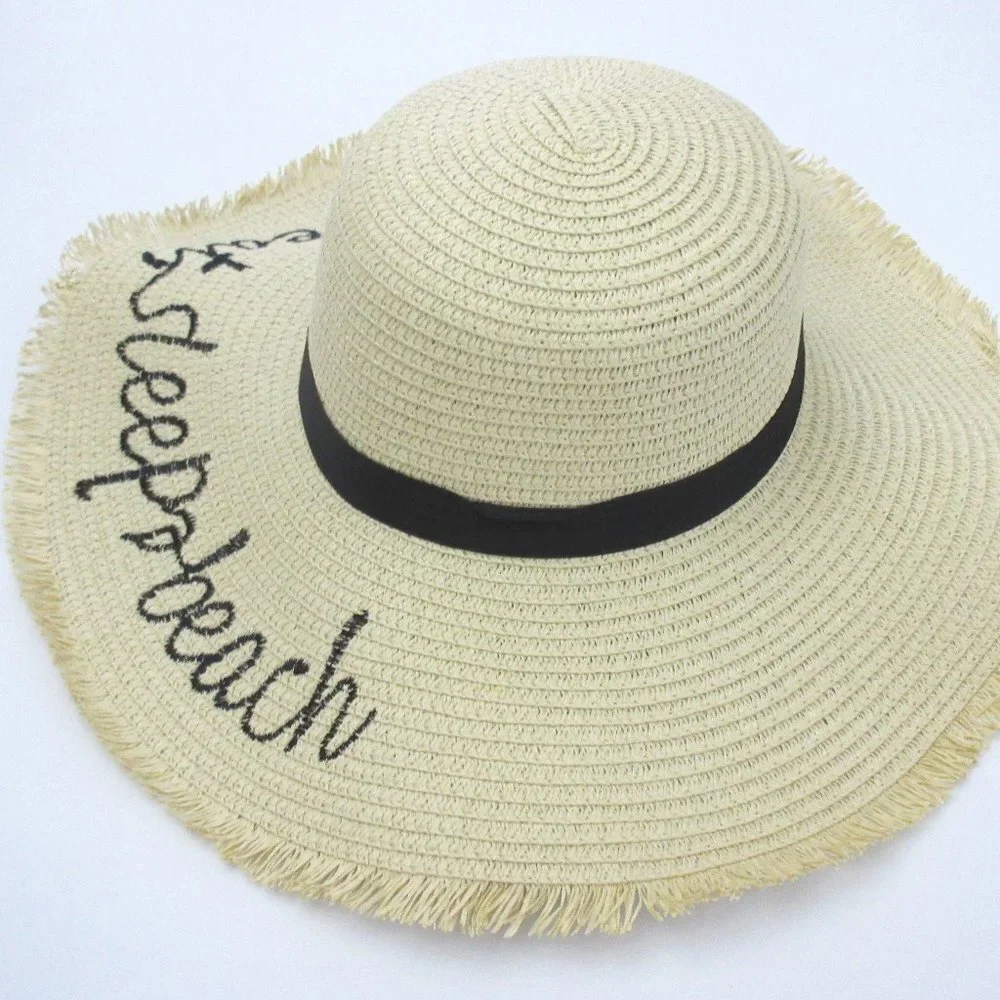 Eat Sleep Beach Embroidered Wide Brim Straw Sun Hat Frayed Beige Collapsible NEW